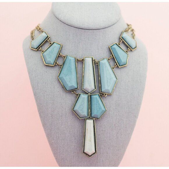 Vintage Geometric Blues Bib Necklace | Bronze Tone Bib Necklace | 20 inch | H23 - Picture 2 of 4